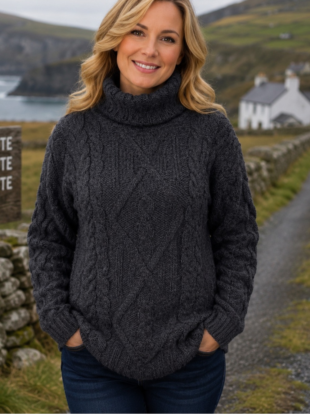 Inis Crafts Size L Charcoal Black 100% Irish Wool Cable Knit Turtleneck Sweater